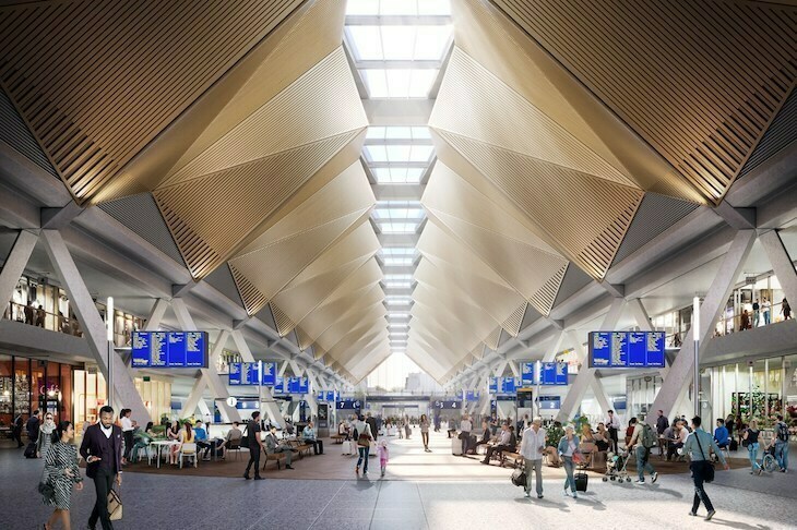 Mock up of the inside of the new Euston concourse, with golden, angular ceiling