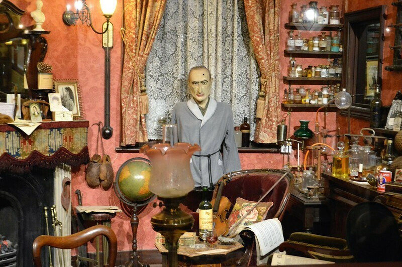 A dummy of Sherlock Holmes in his study